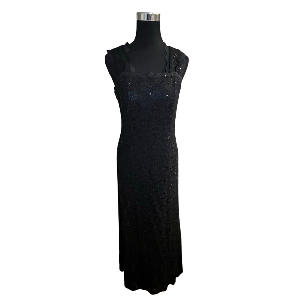R&M Richards Petite Black Lace Sequin Maxi Gown Sz 10P